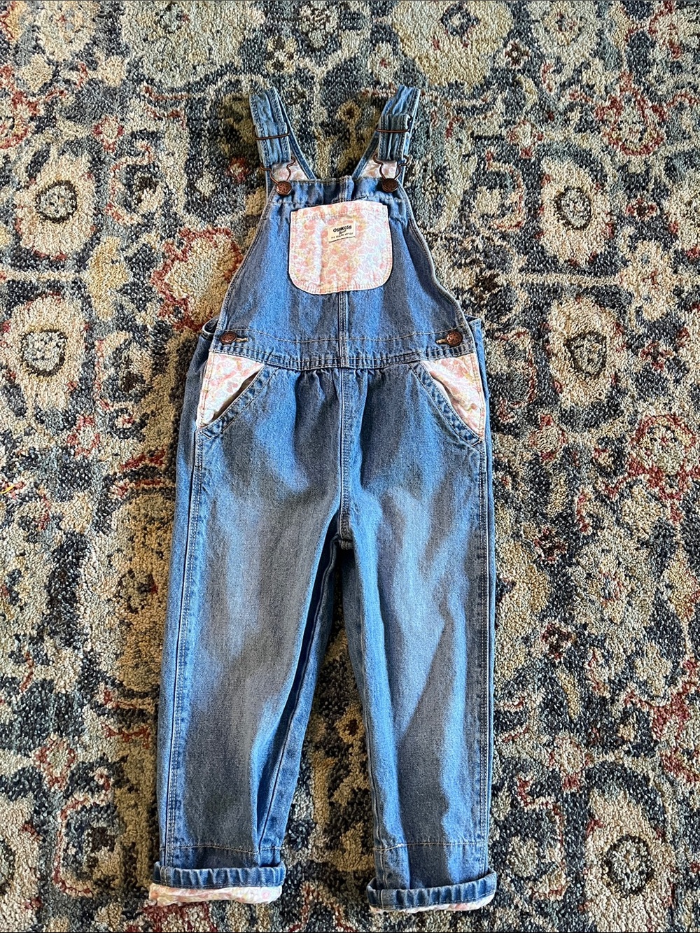 OshKosh B'gosh Blue Denim Overalls with Pink Floral Accents